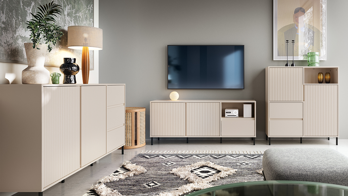 Modern white, black, cashmere, beige furniture for dining and living with desks, sideboards, tv units, dining tables, sidebords